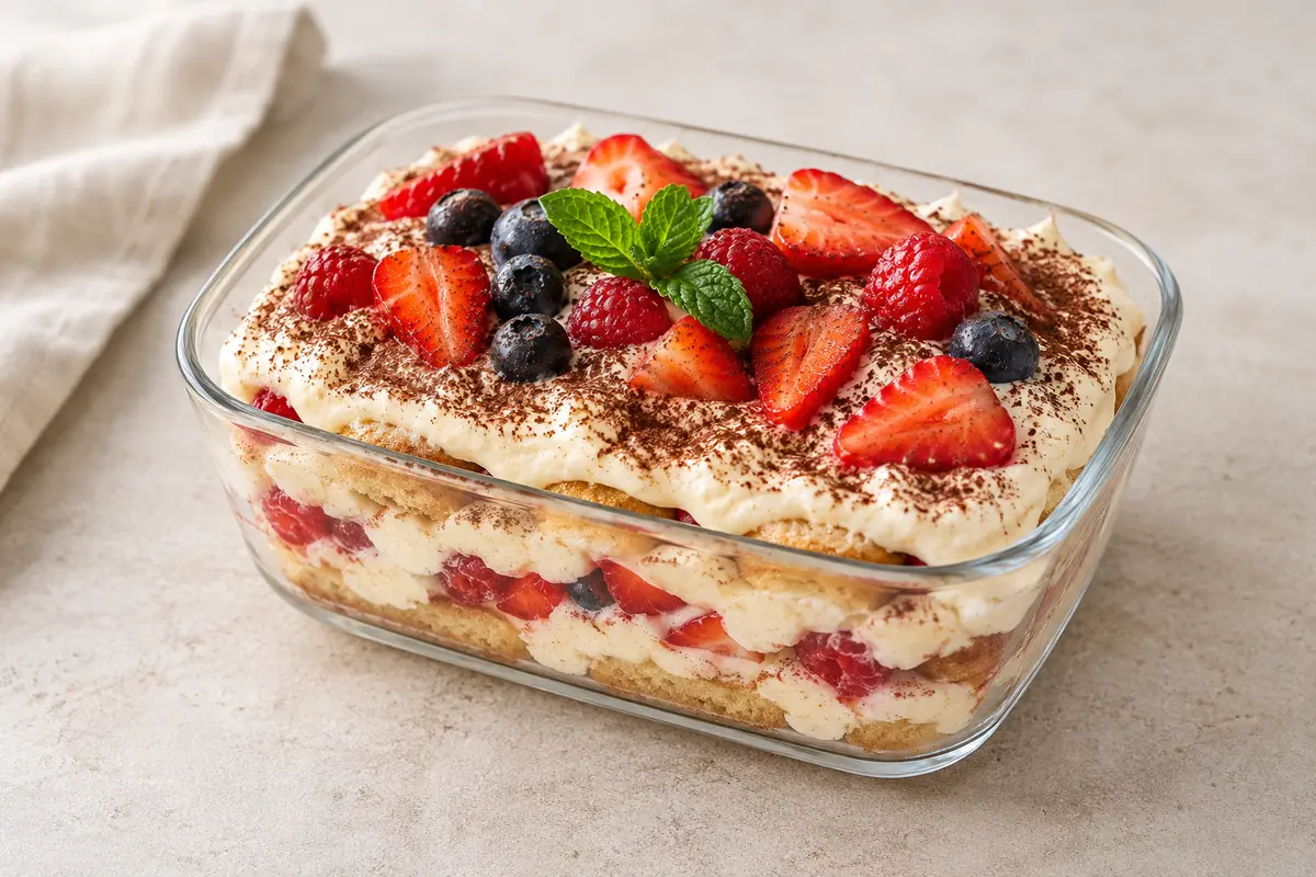 Tiramisu aux fruits sur un fond de lin clair.