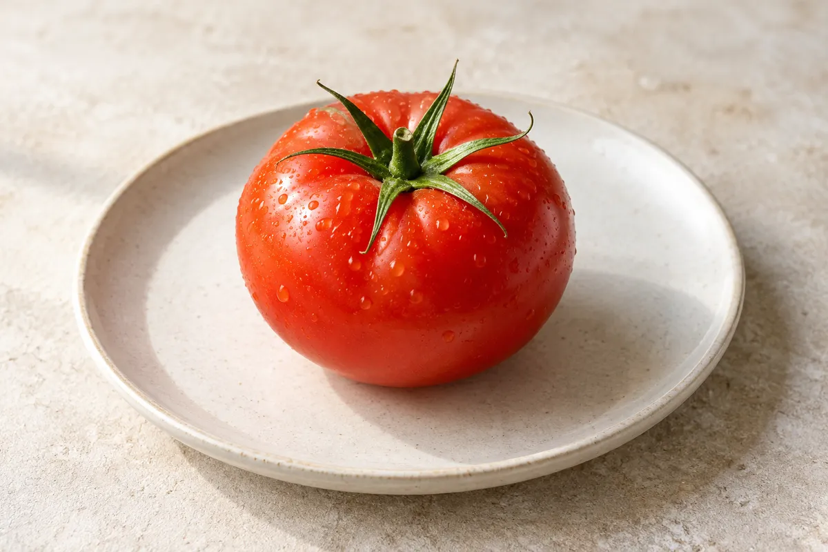 Tomate sur un fond de lin clair.