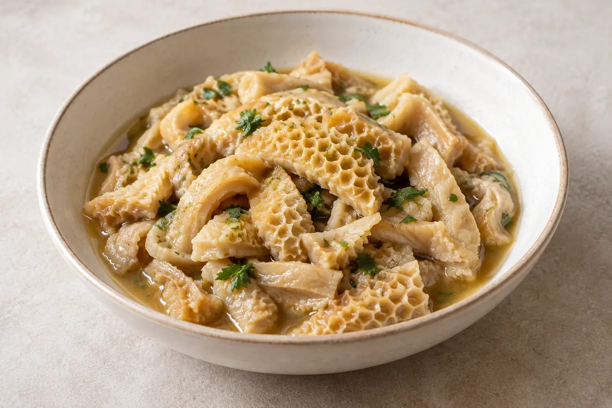 Tripe à la mode sur un fond de lin clair.