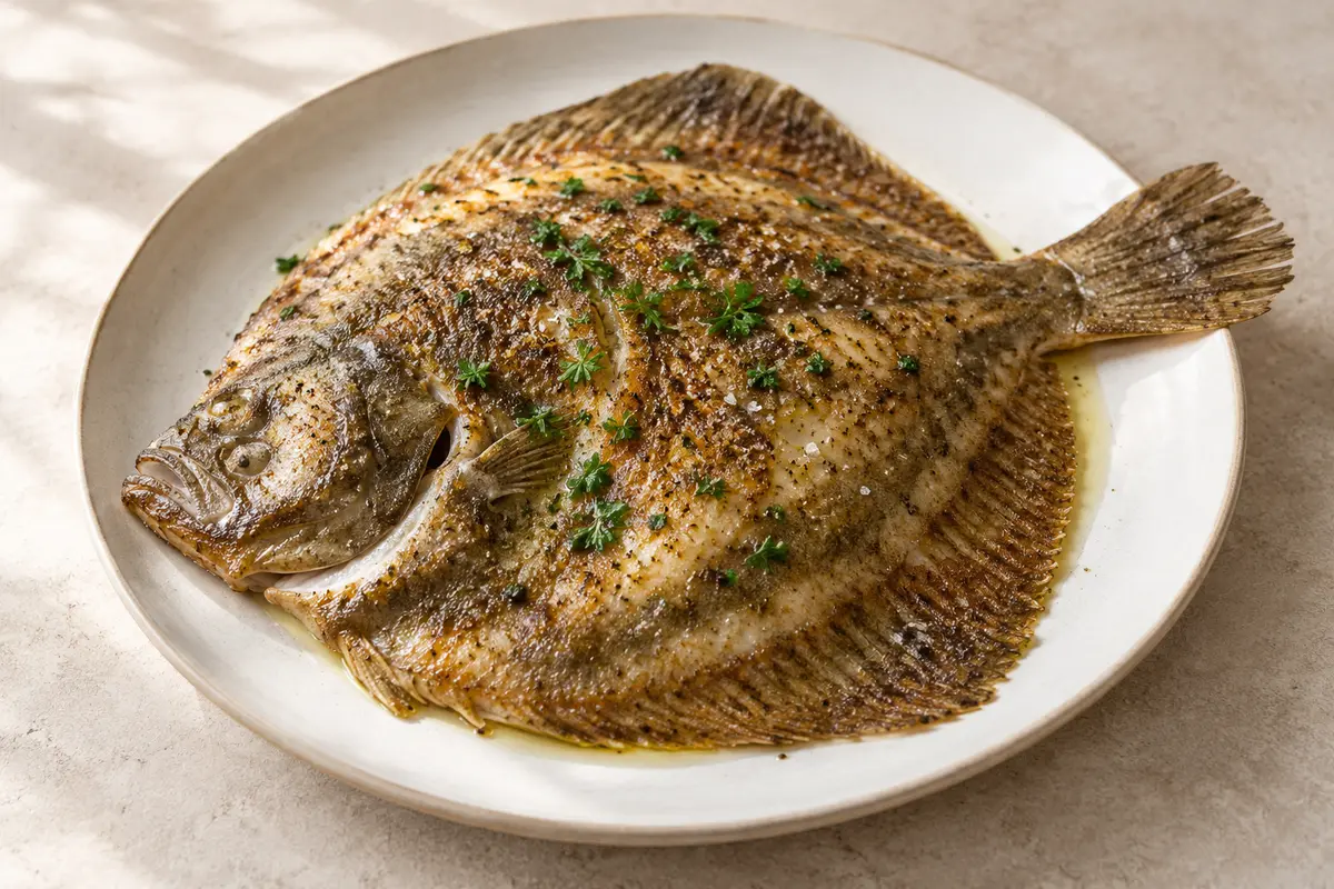 Turbot sur un fond de lin clair.