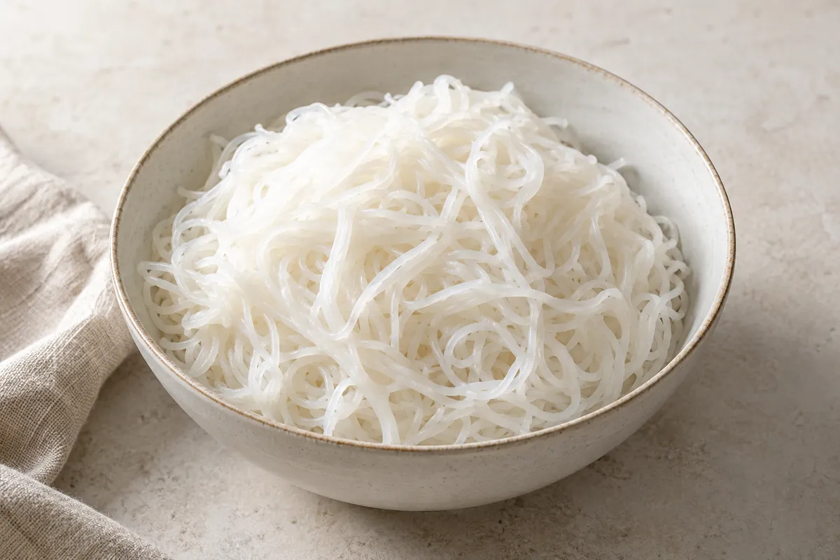 Vermicelle de riz sur un fond de lin clair.