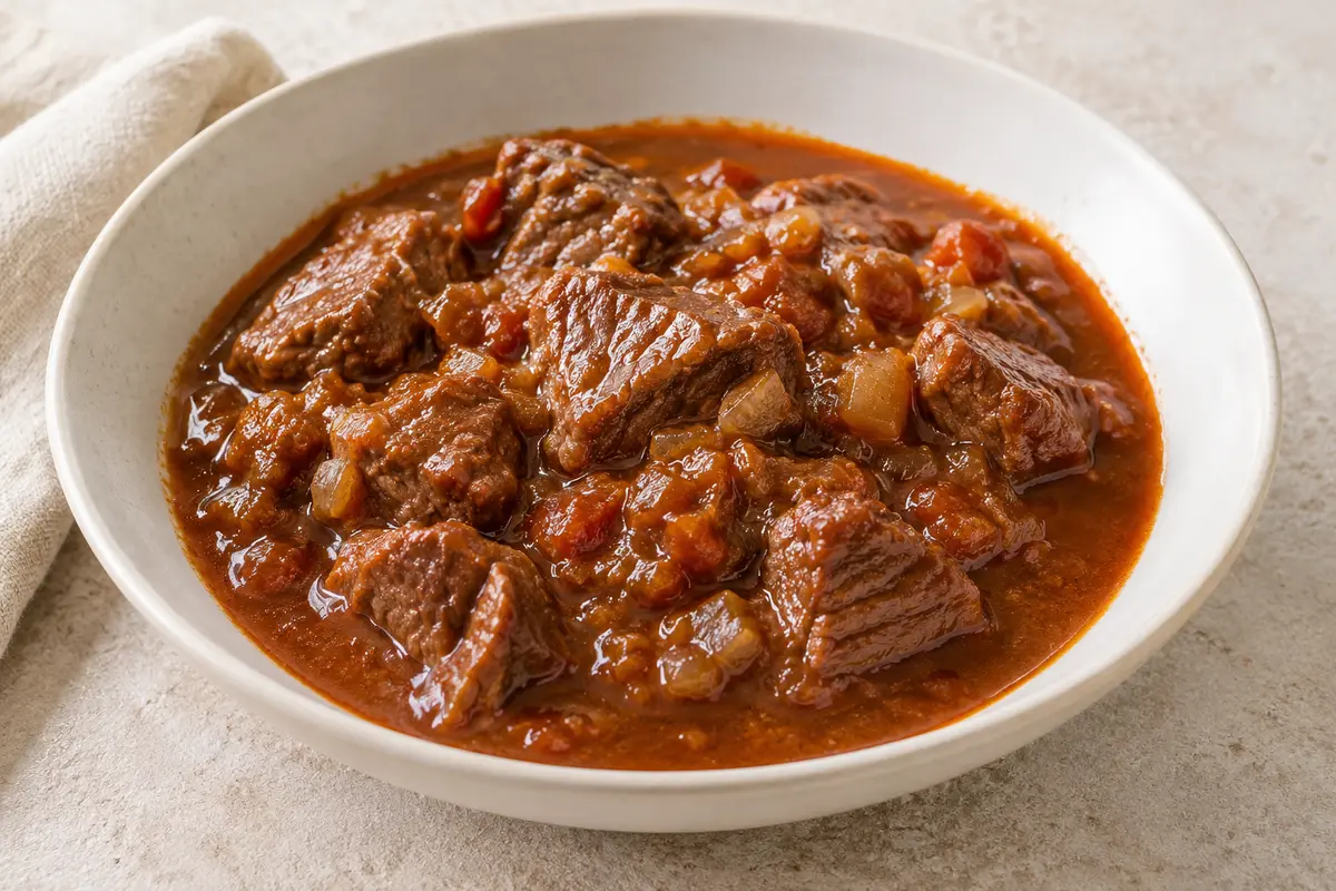 Viande en sauce sur un fond de lin clair.