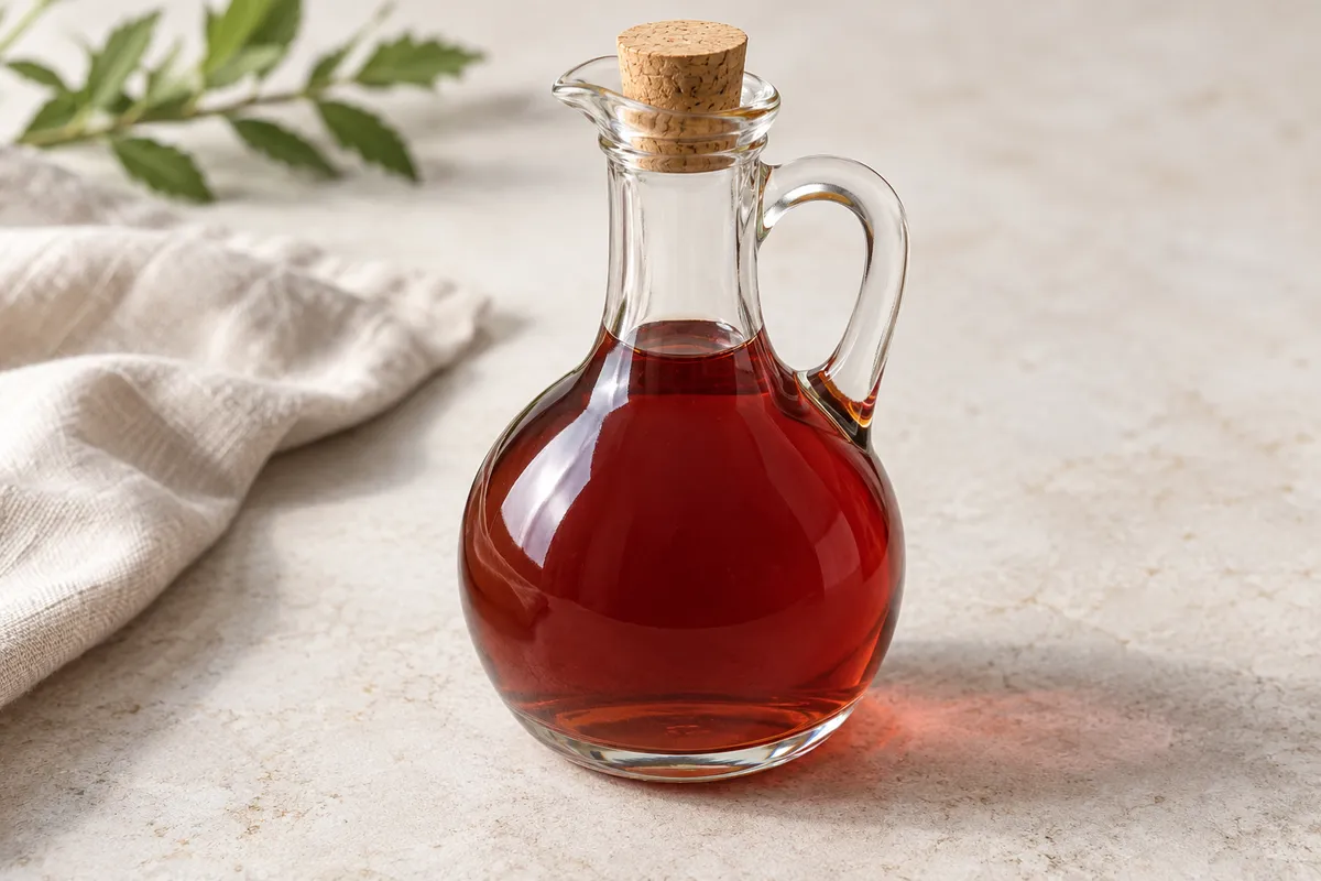 Vinaigre de vin sur un fond de lin clair.