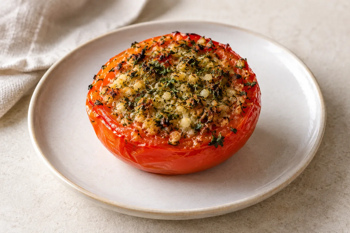 Tomate à la provençale fait maison sur un fond de lin clair.