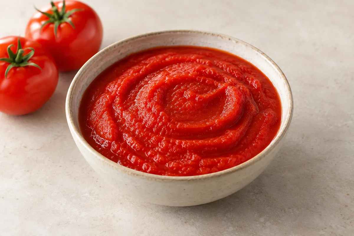 Tomate purée appertisée sur un fond de lin clair.