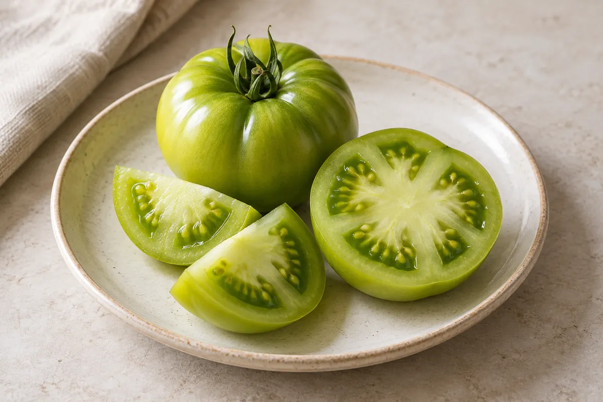 Tomate verte crue sur un fond de lin clair.