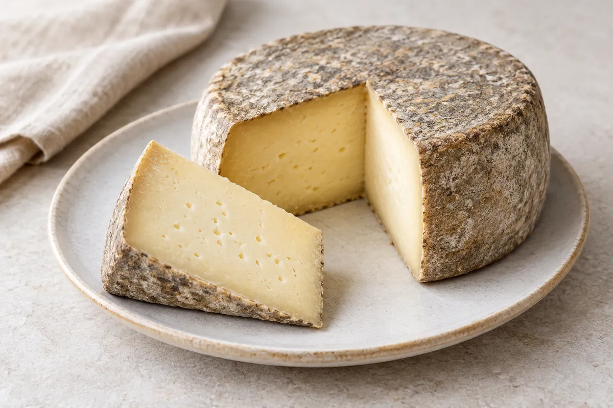 Tomme ou tome des Pyrénées sur un fond de lin clair.