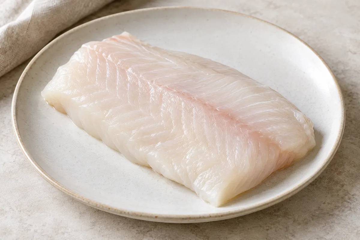 Turbot élevage cru sur un fond de lin clair.