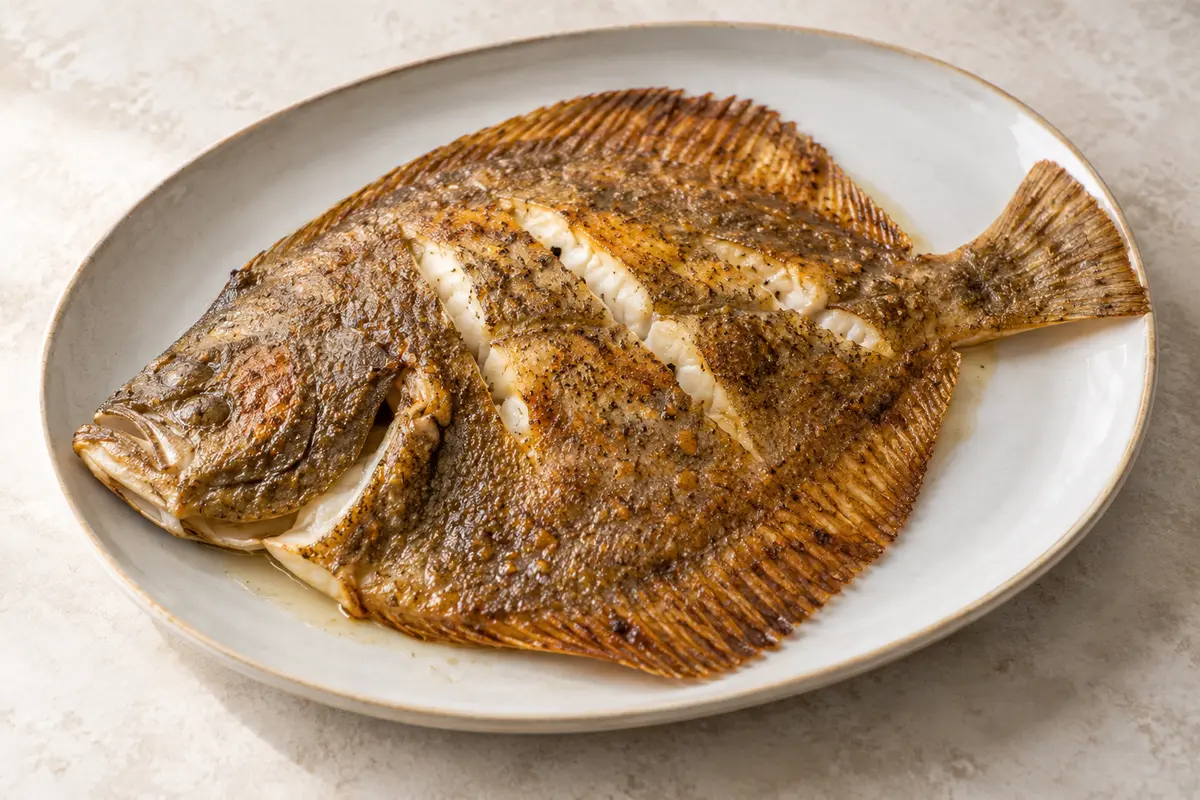 Turbot rôti/cuit au four sur un fond de lin clair.