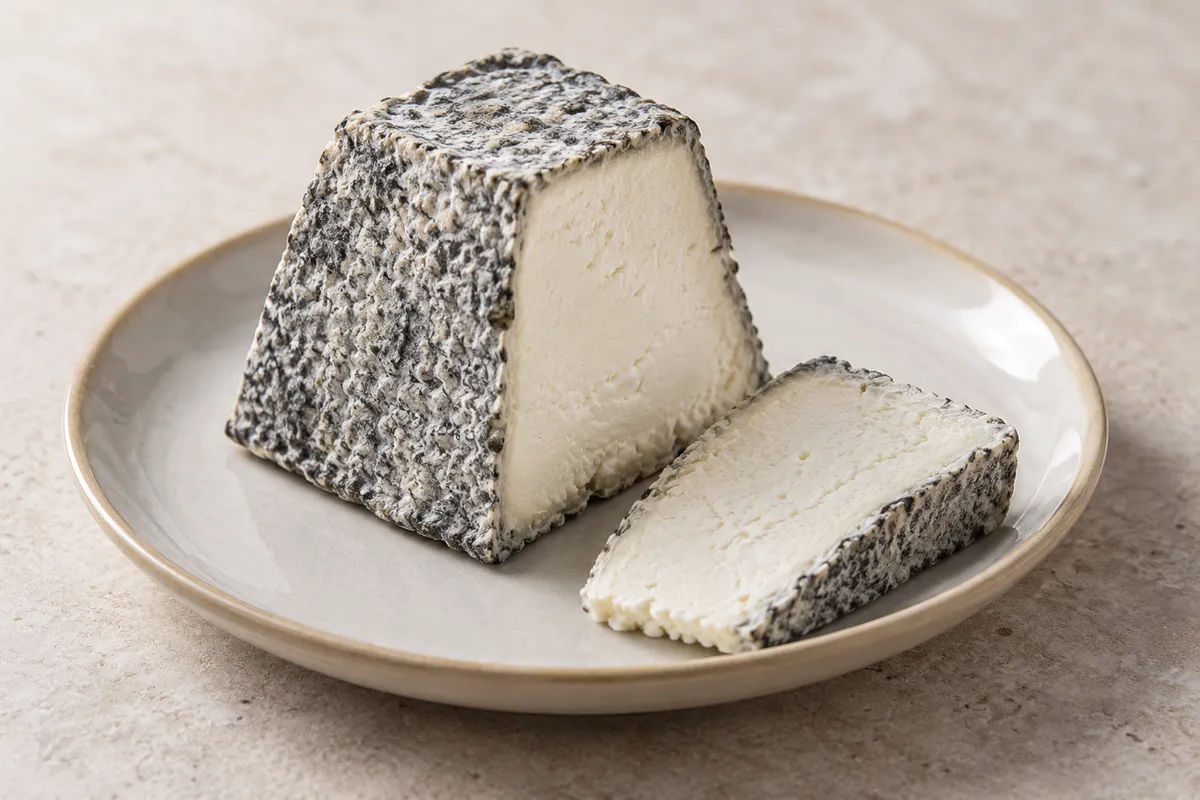 Valençay (fromage de chèvre) sur un fond de lin clair.