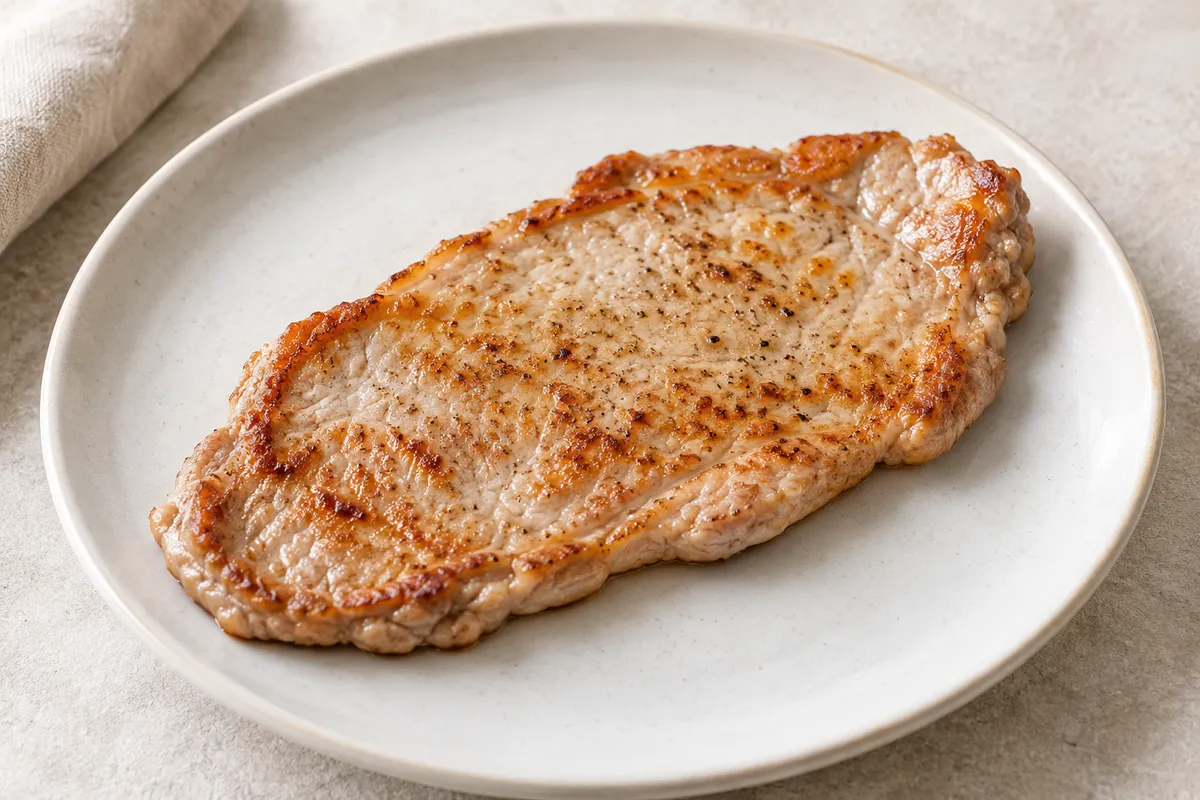 Veau escalope cuite sur un fond de lin clair.