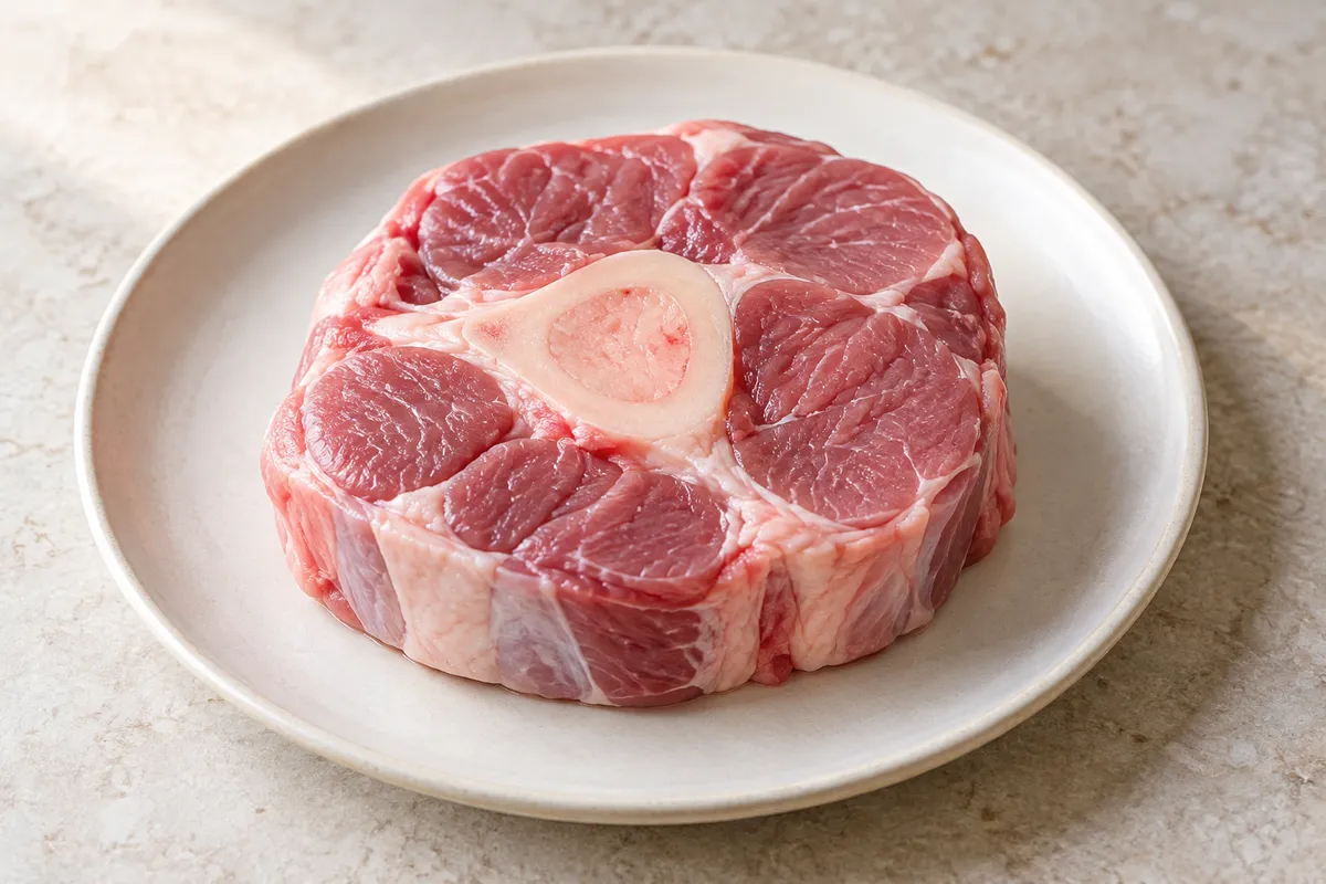 Veau jarret cru sur un fond de lin clair.